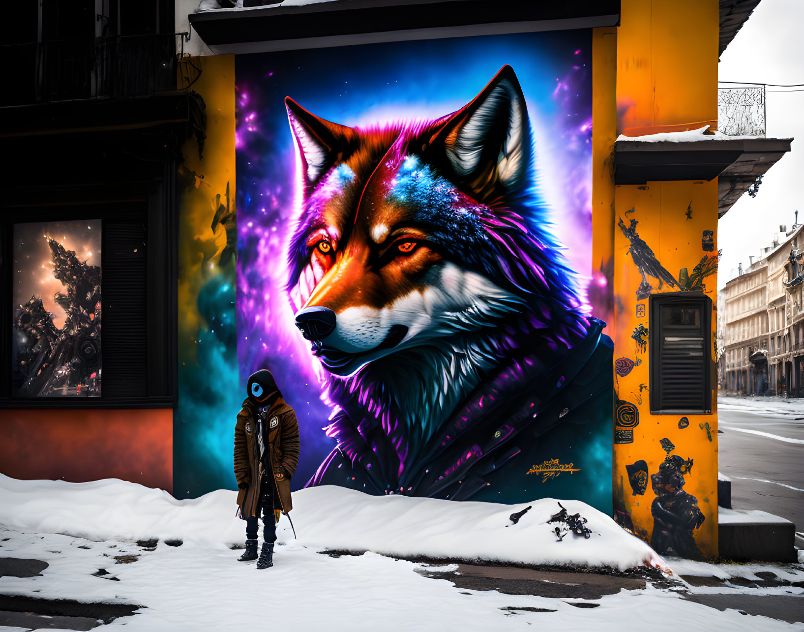 Person in Winter Coat Viewing Cosmic Wolf Mural on Snow-Covered Street