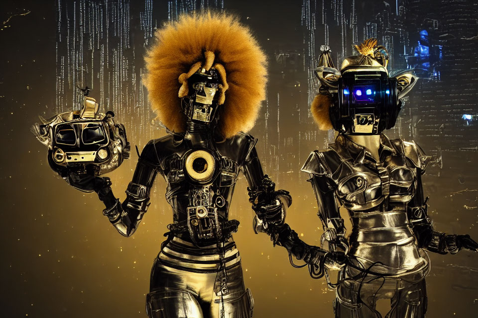 Three humanoid robots with unique head designs against futuristic backdrop.