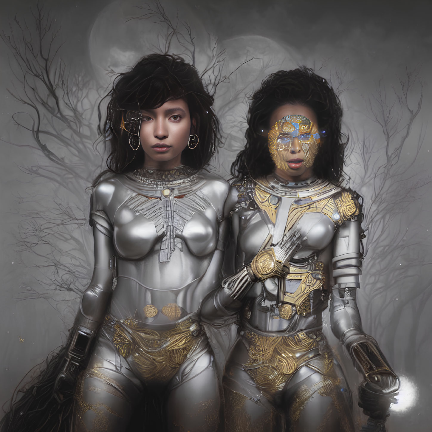 Two women in silver and gold armor suits in misty forest setting