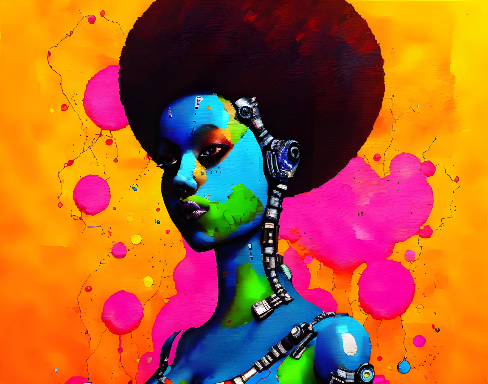 Colorful female android art with afro and blue skin