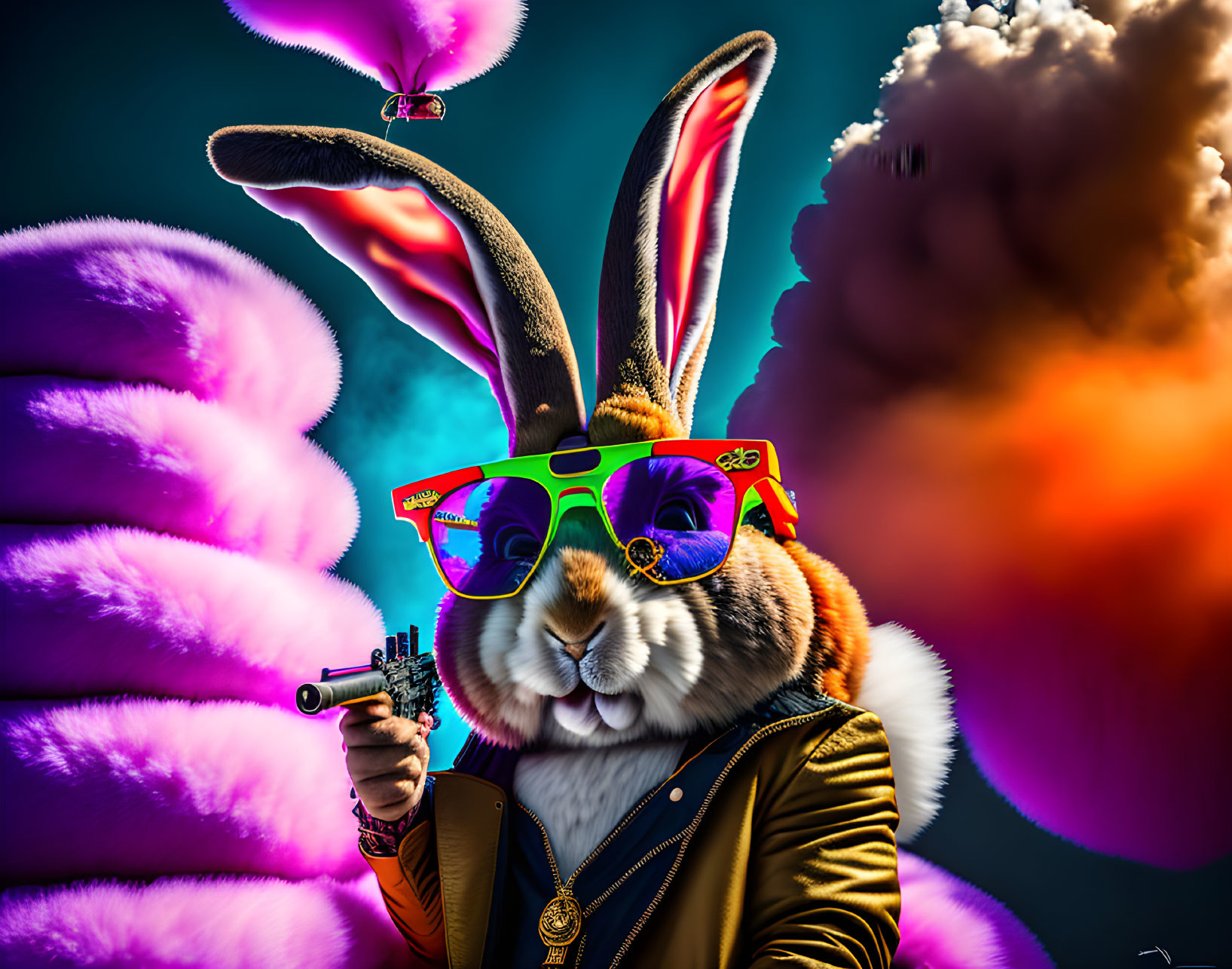 Rabbit with human-like features in sunglasses and jacket on colorful background