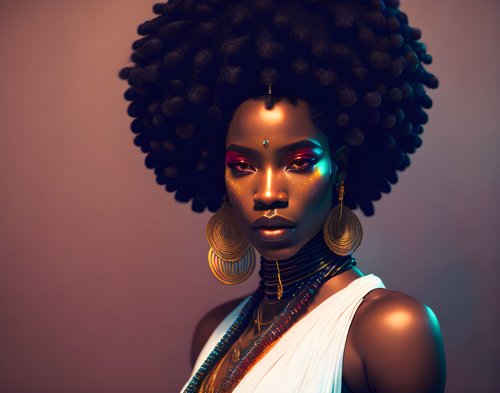 Digital artwork featuring woman with curly hair, neon makeup, hoop earrings & white outfit