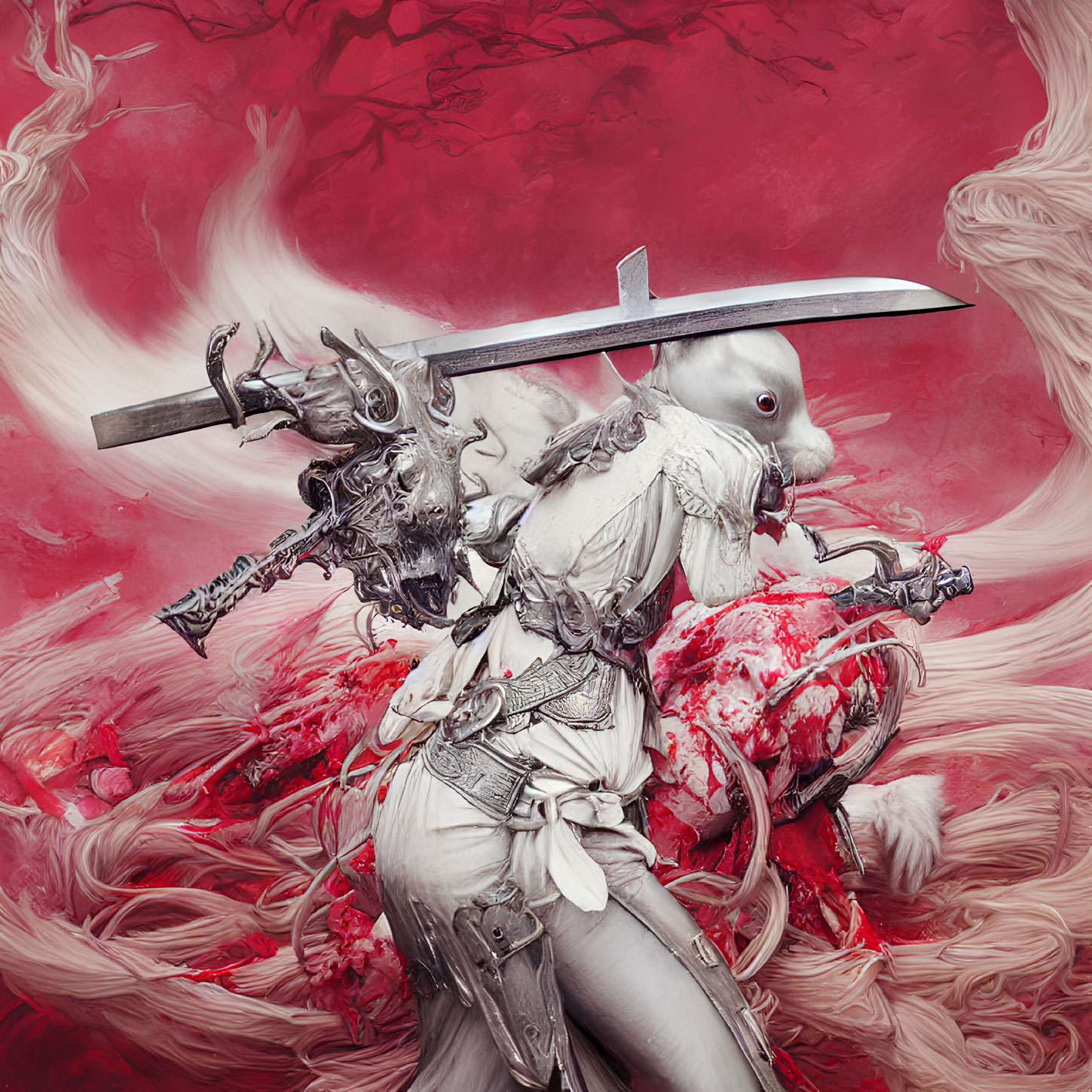 Surreal artwork featuring figure in white armor with hammerhead shark head and sword in red swirls