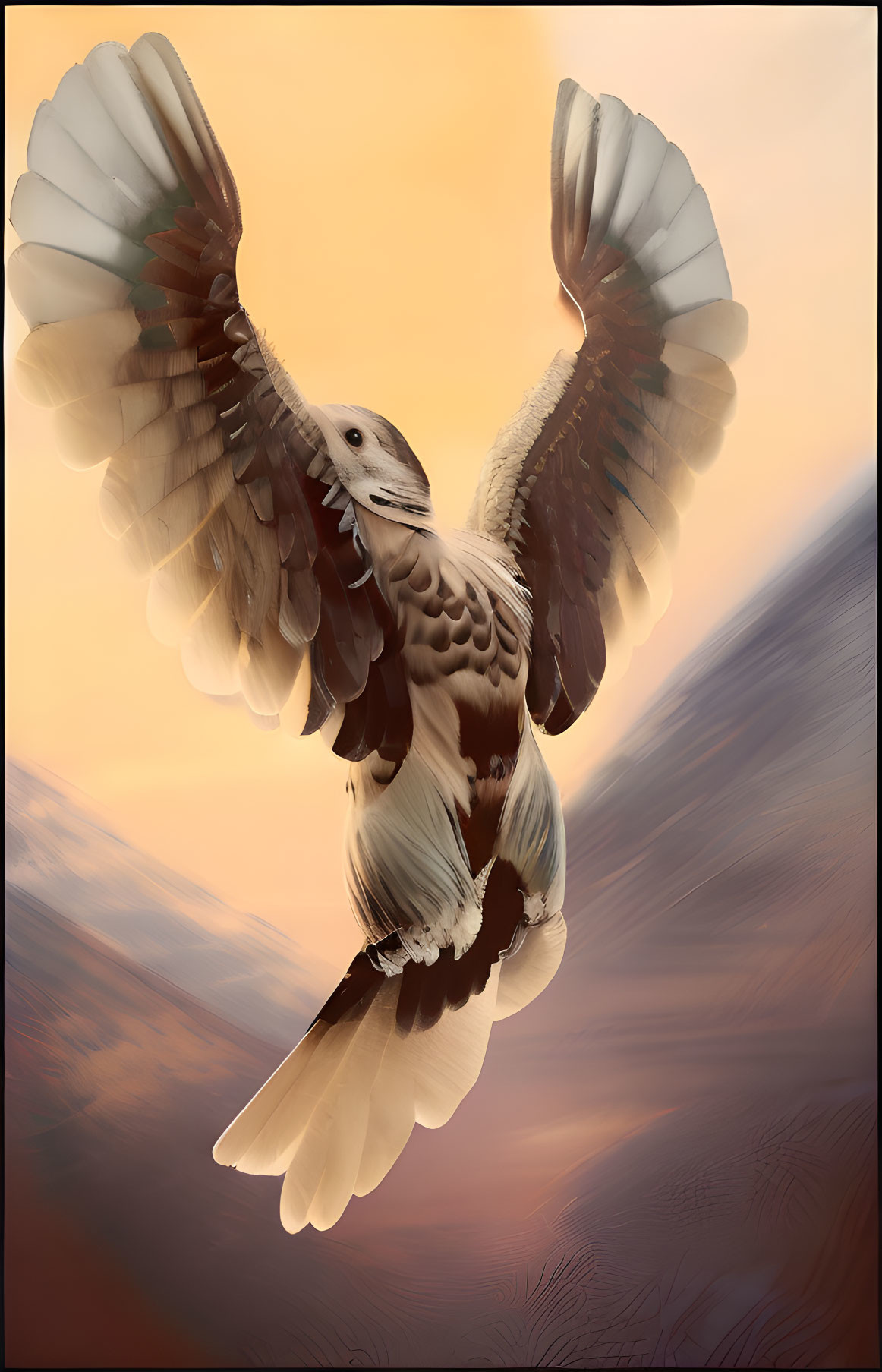 Majestic eagle flying in sunset sky over mountains