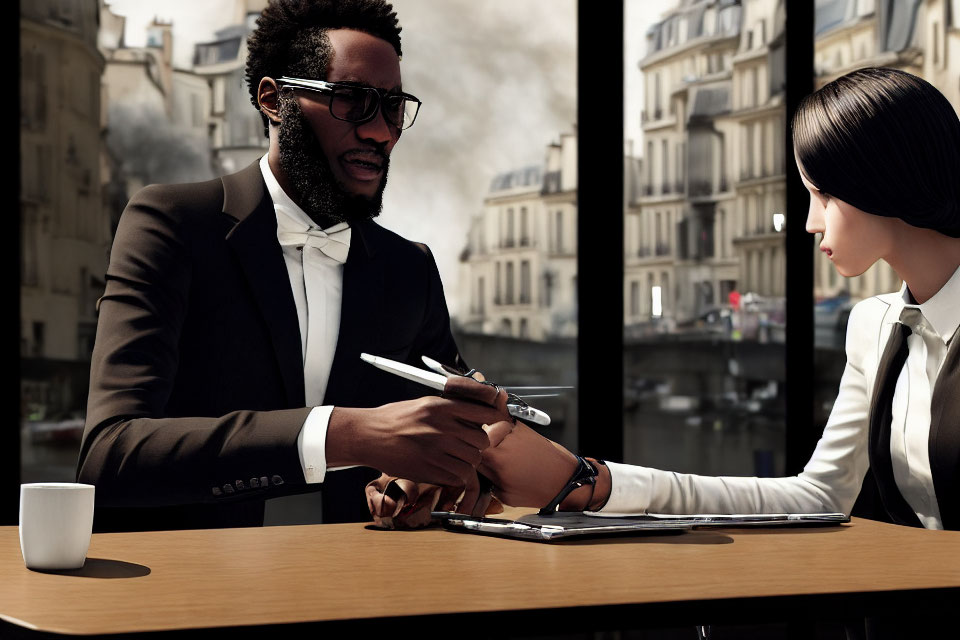 Businessman and woman having a meeting at table with cityscape backdrop.