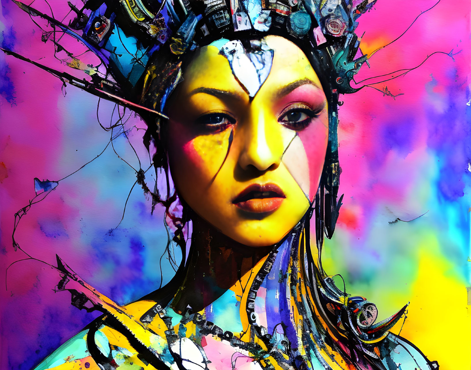 Cybernetic woman artwork with colorful mechanical details