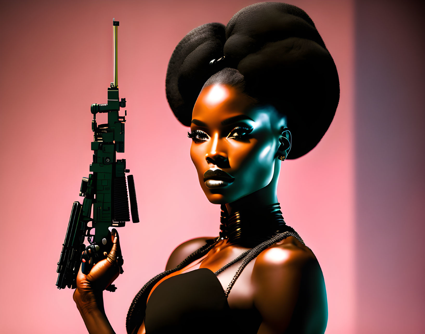 Digital Artwork: Woman with Elaborate Hair Holding Rifle on Pink Background