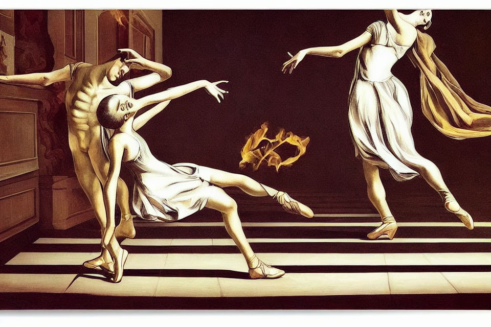 Digitally Altered Image of Three Ballet Dancers with Painted Architecture & Floating Flame