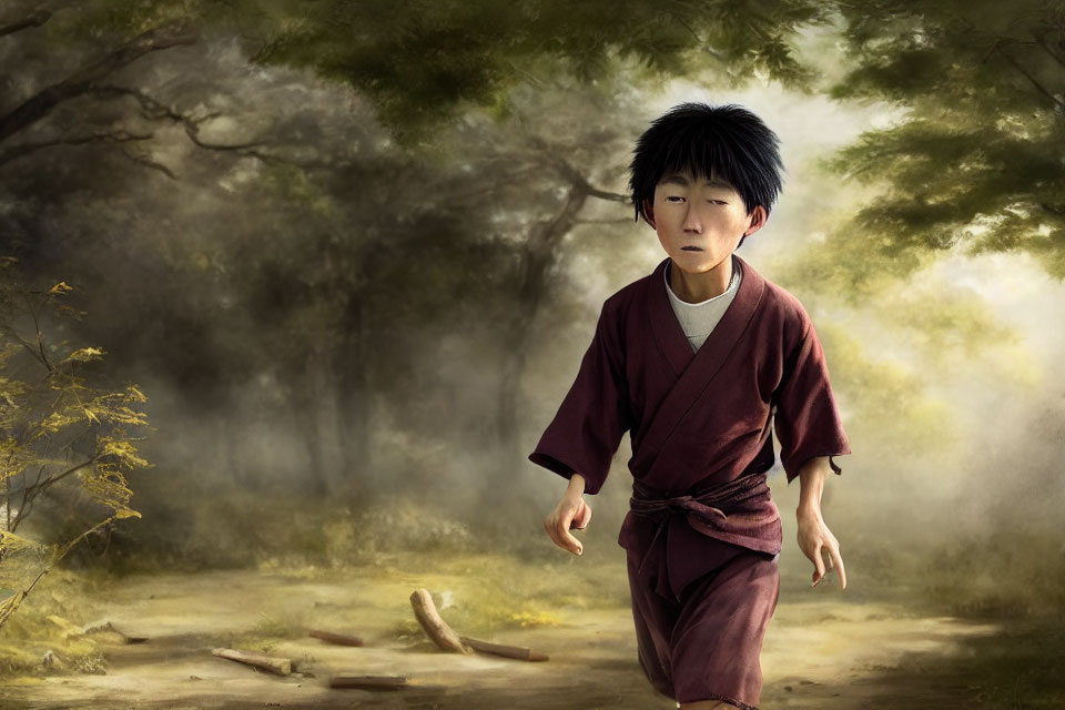 Young boy in red kimono running through misty forest clearing