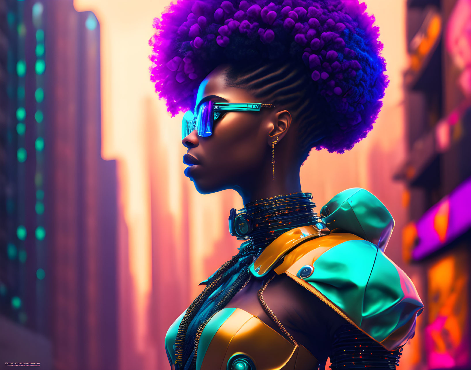 Futuristic woman with purple afro and metallic jacket in neon cityscape