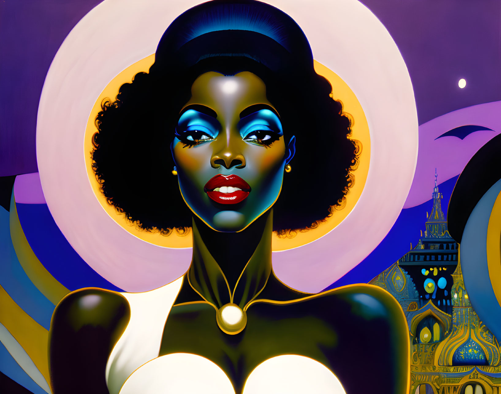 Vibrant halo woman illustration with striking makeup & cityscape