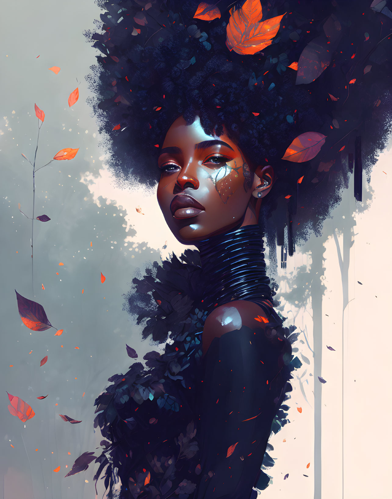 Digital painting: Woman with afro of foliage and fluttering leaves