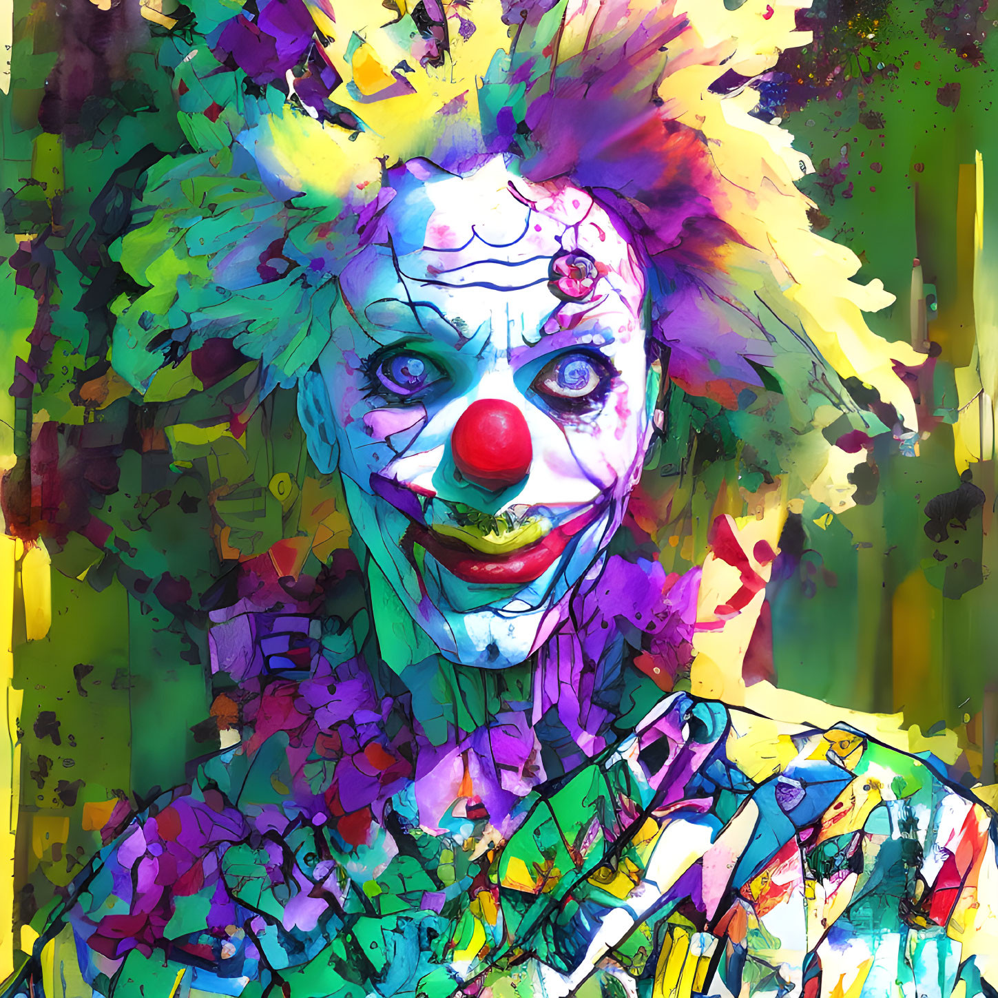 Vibrant abstract painting of a clown with yellow hair and red nose