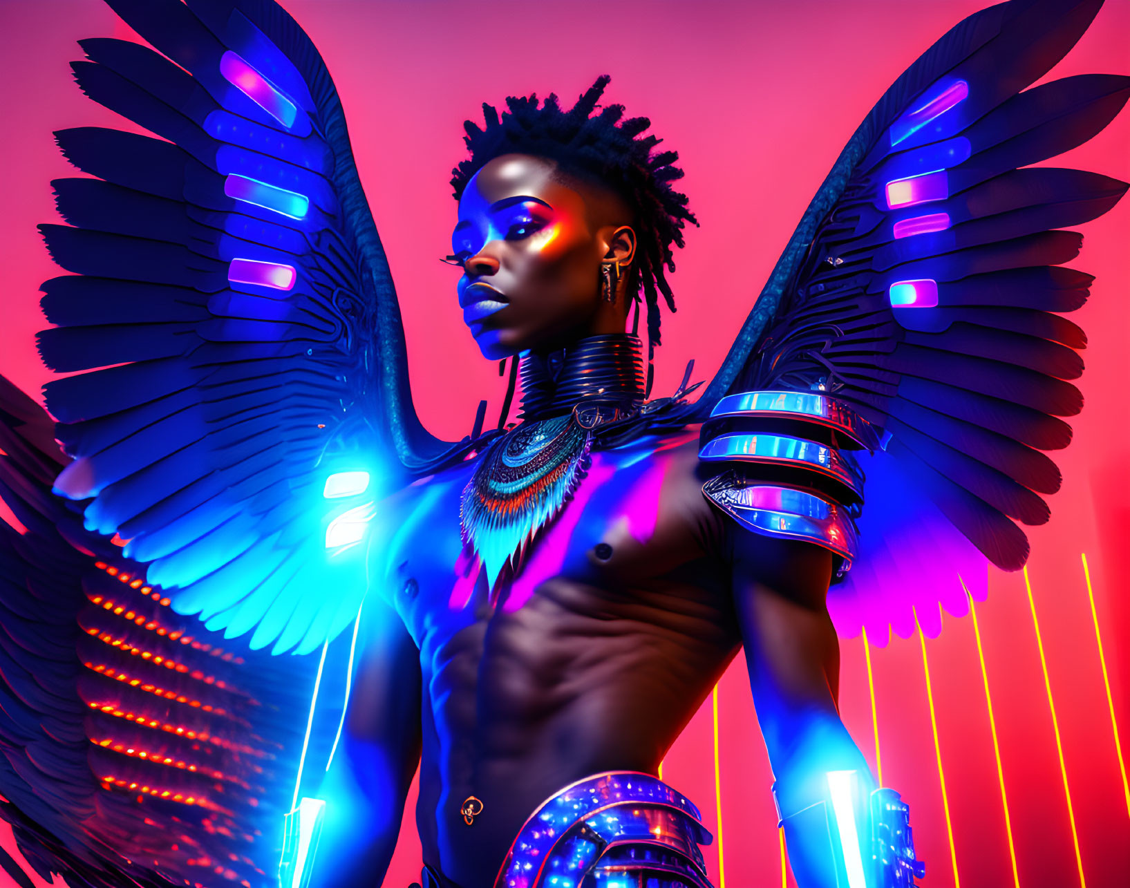 Dark angelic wings on figure with tribal neck rings and futuristic arm bracelets in neon-lit scene