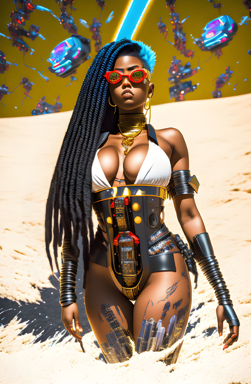 Futuristic female figure with cybernetic elements in desert with hovering spaceships