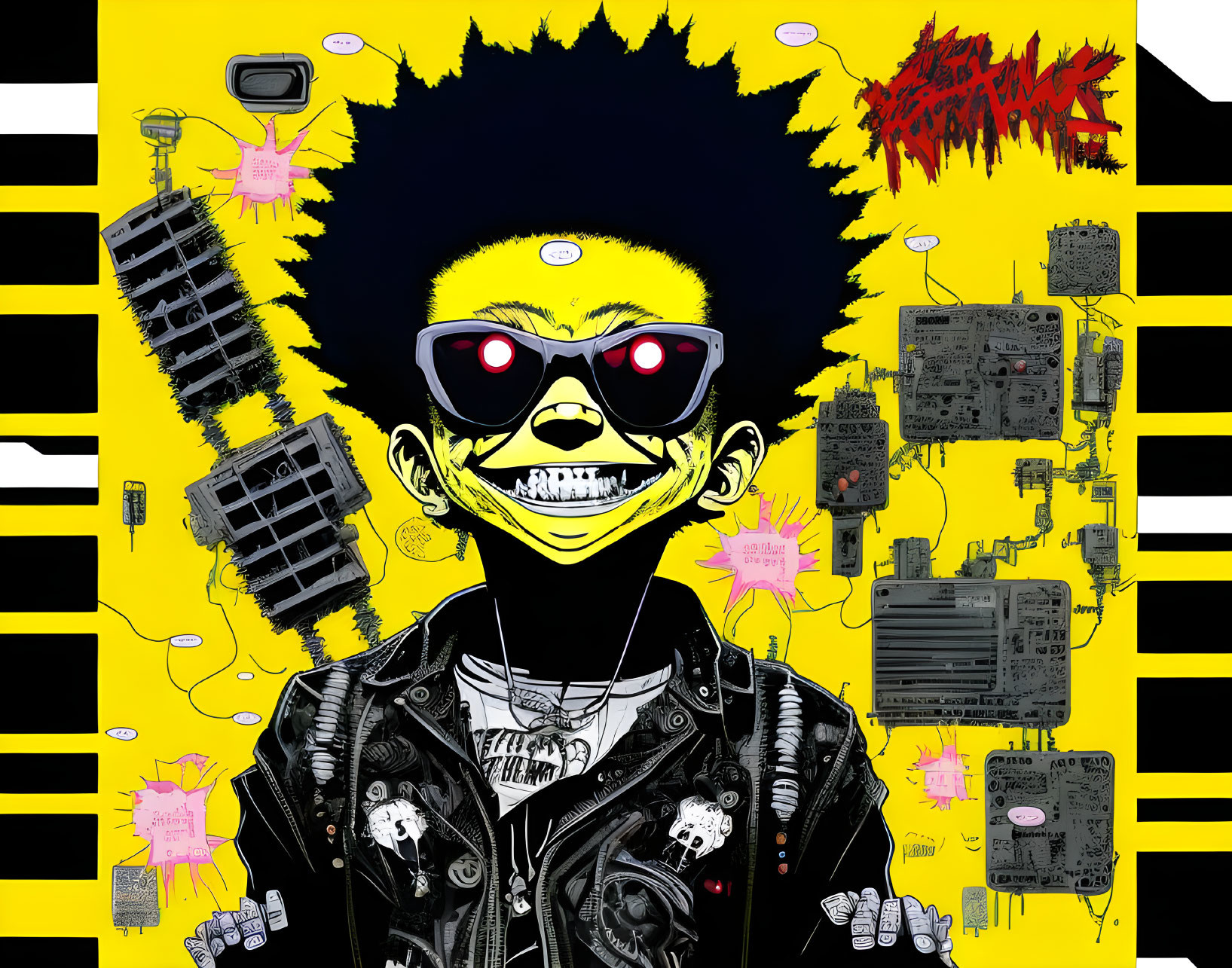 Character illustration: Spiky yellow silhouette in sunglasses and leather jacket on electronic-themed background