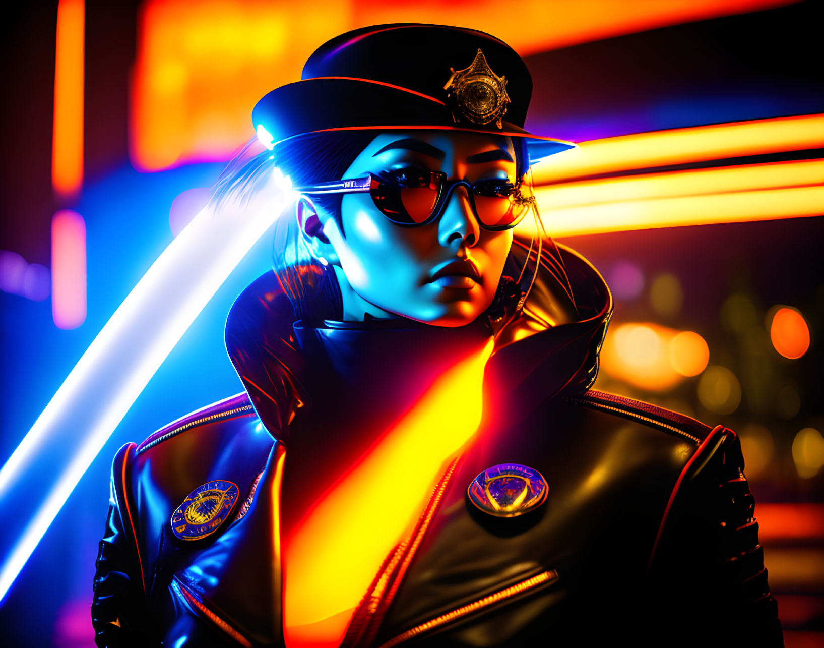 Futuristic cyberpunk image of woman in police uniform