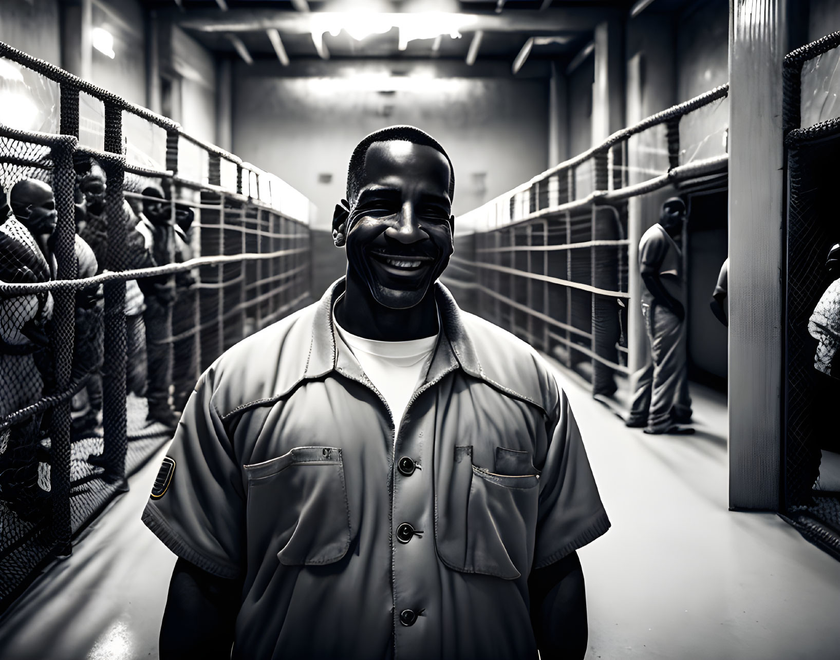 Uniformed man smiles in corridor with chain-link cells, dramatic lighting.