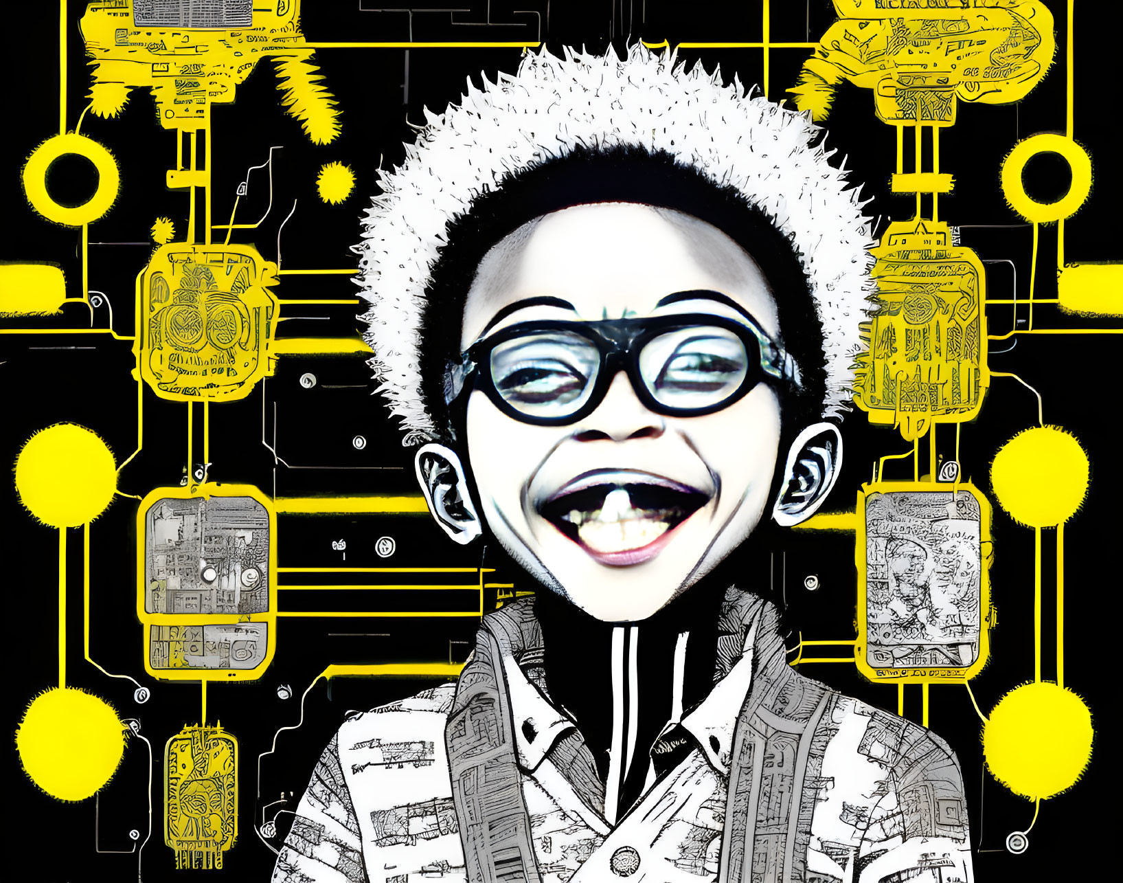 Child with oversized smiling face and afro on black and yellow backdrop.