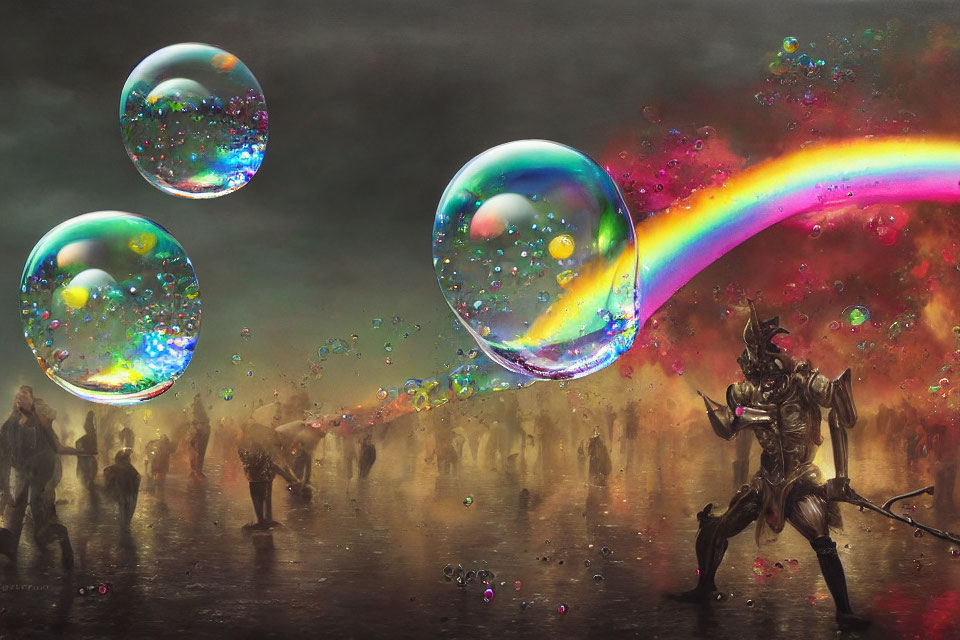 Surreal landscape with giant bubbles, rainbow splash, and centaur-like figure