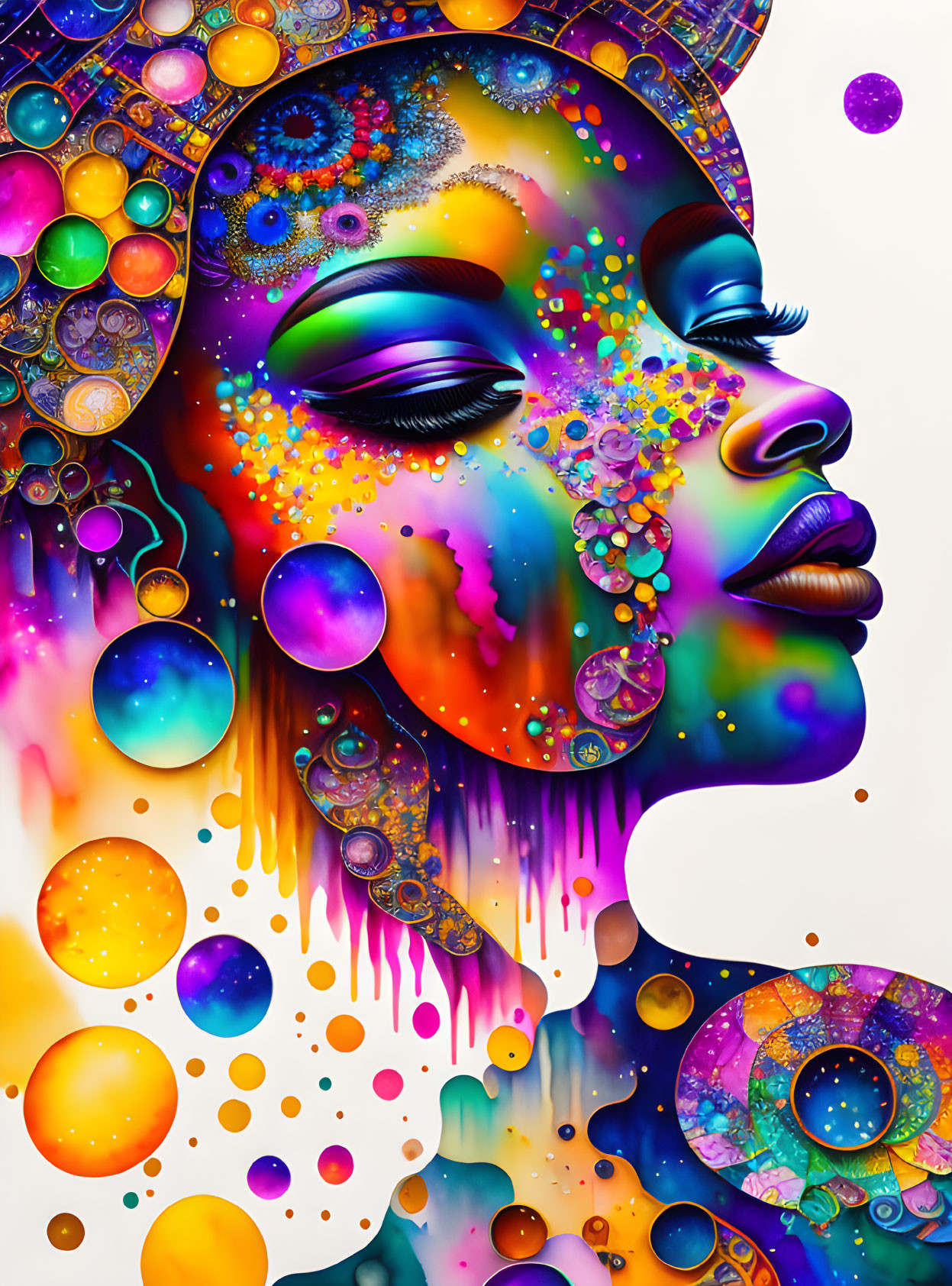 Colorful Abstract Female Face Portrait with Floral Patterns