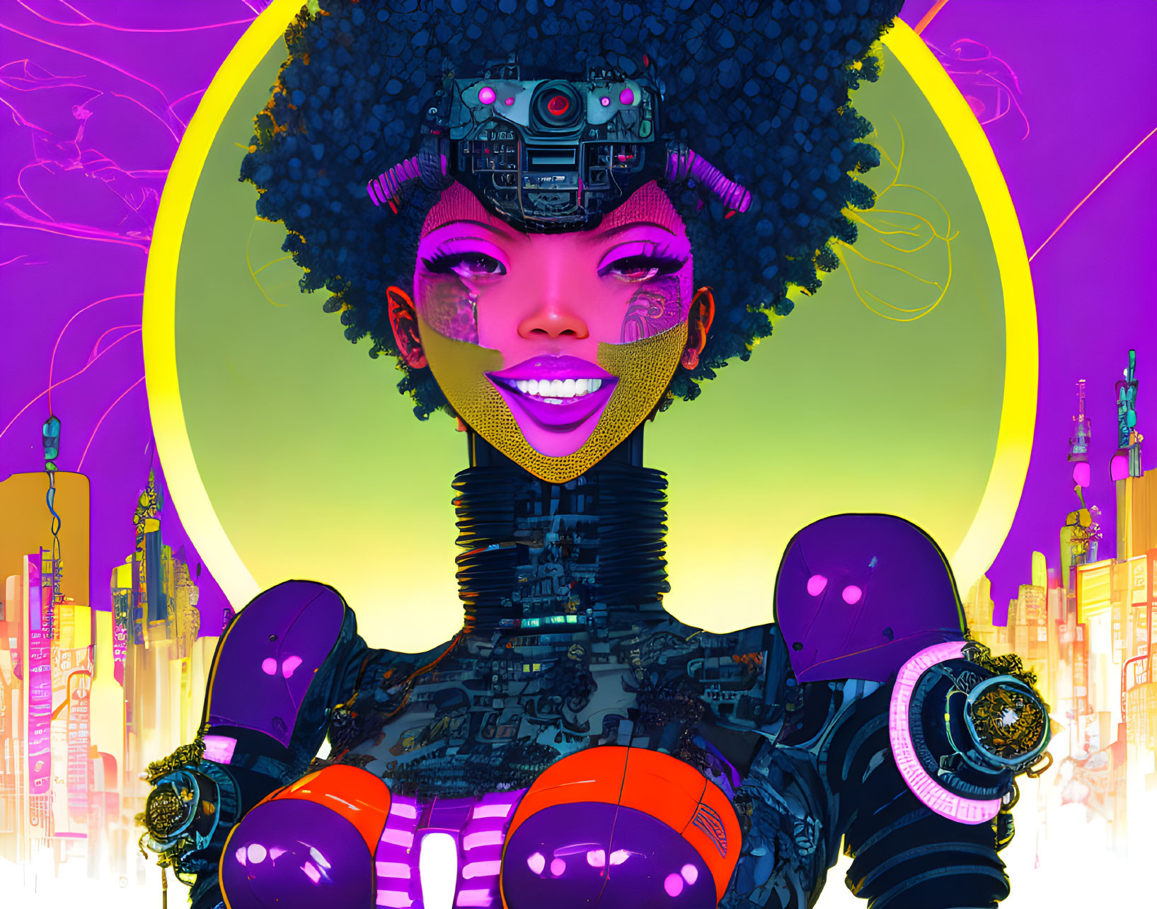 Colorful digital artwork: Smiling African woman with cybernetic enhancements in neon cityscape.