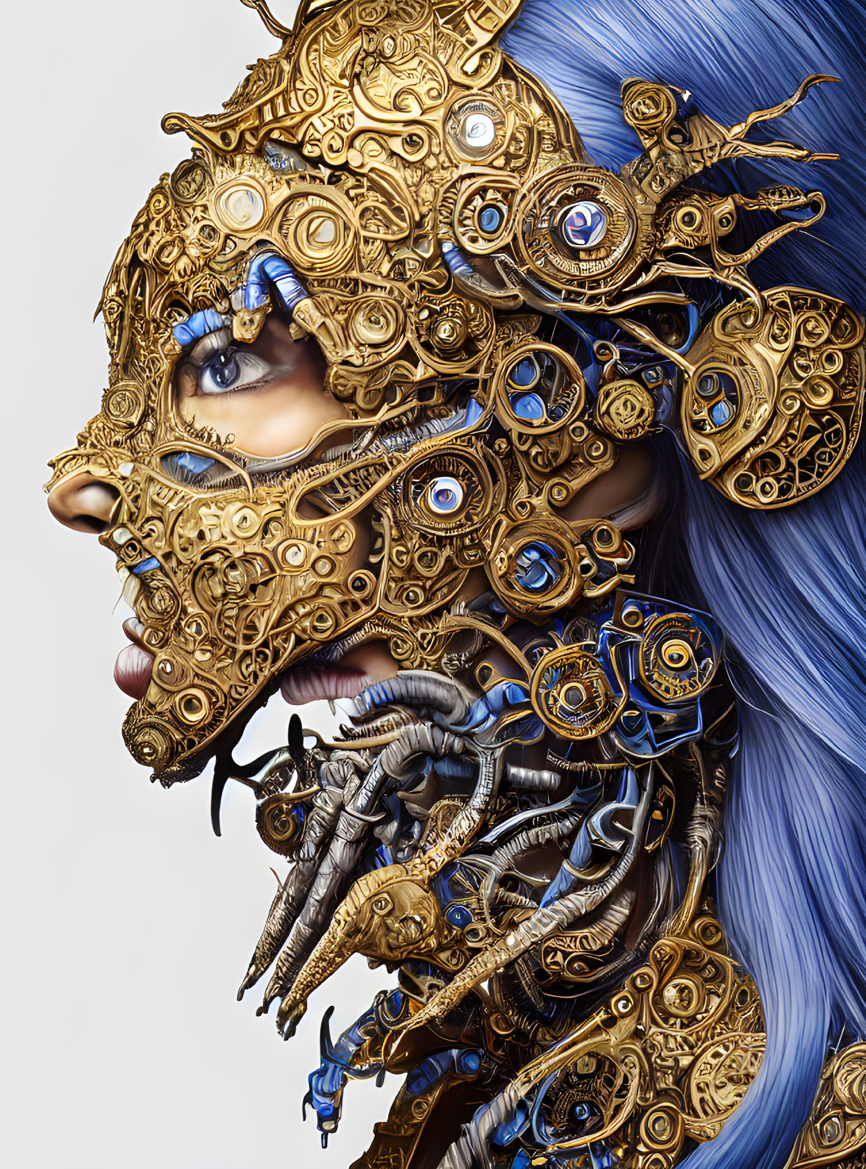 Detailed Illustration of Figure with Golden Mechanical Facial Armor, Multiple Eyes, Blue Hair, and Biome