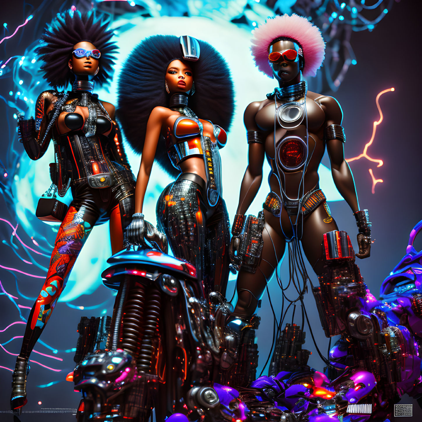 Futuristic female figures in high-tech attire with neon lights