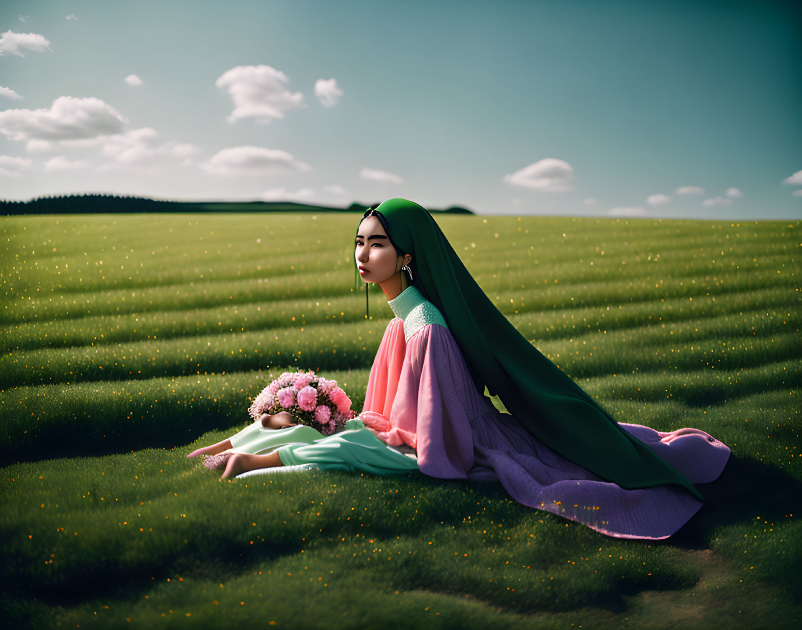 Colorful Traditional Outfit Woman Holding Bouquet on Grass Field