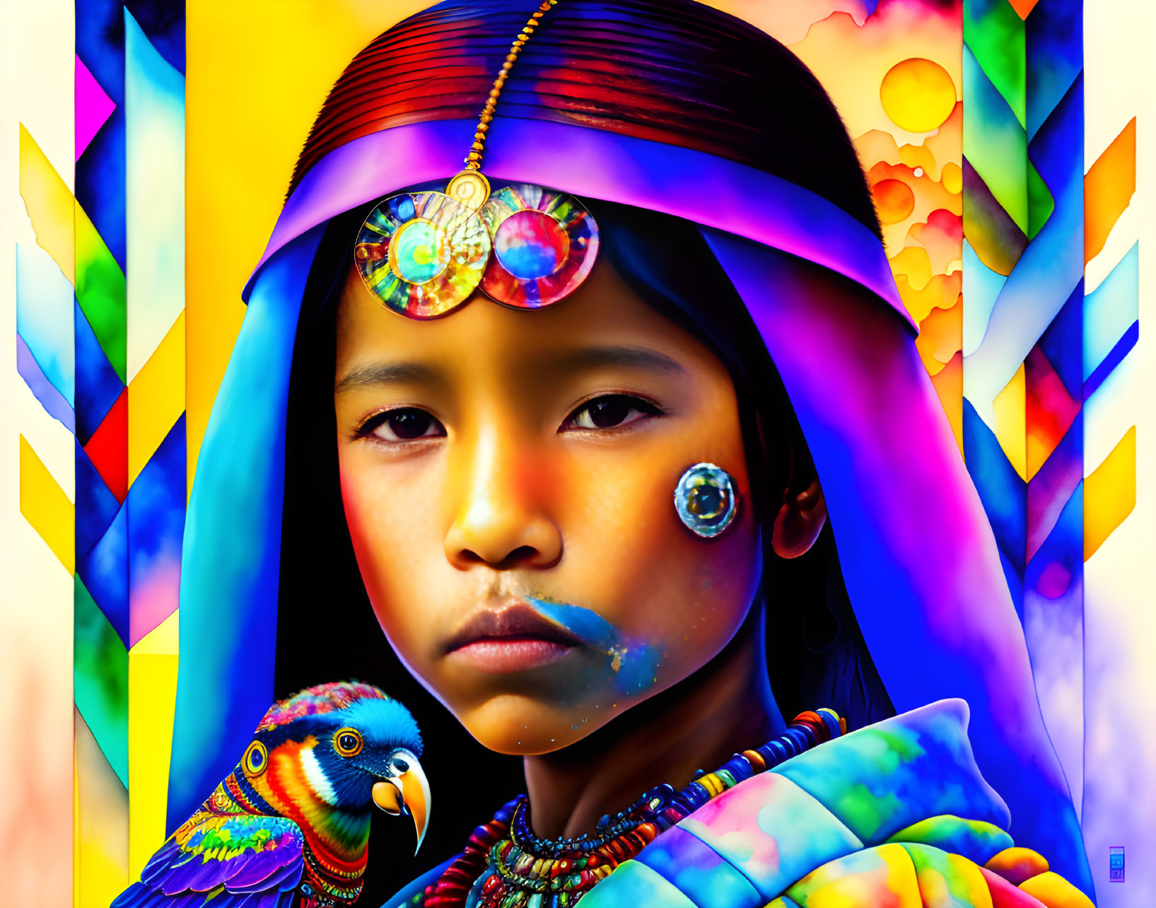 Colorful digital artwork featuring young girl, parrot, and abstract background