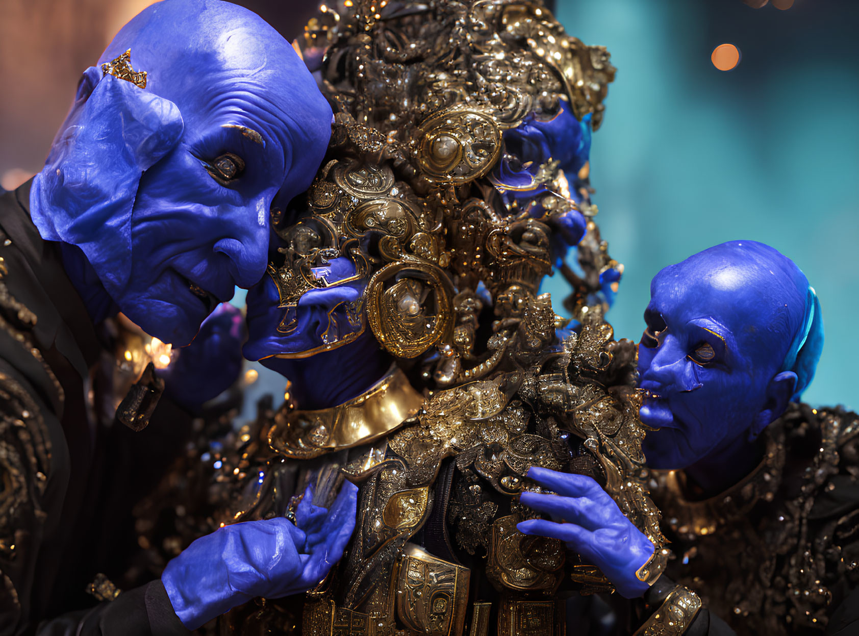 Blue-skinned performers in ornate golden costumes in a dramatic scene.