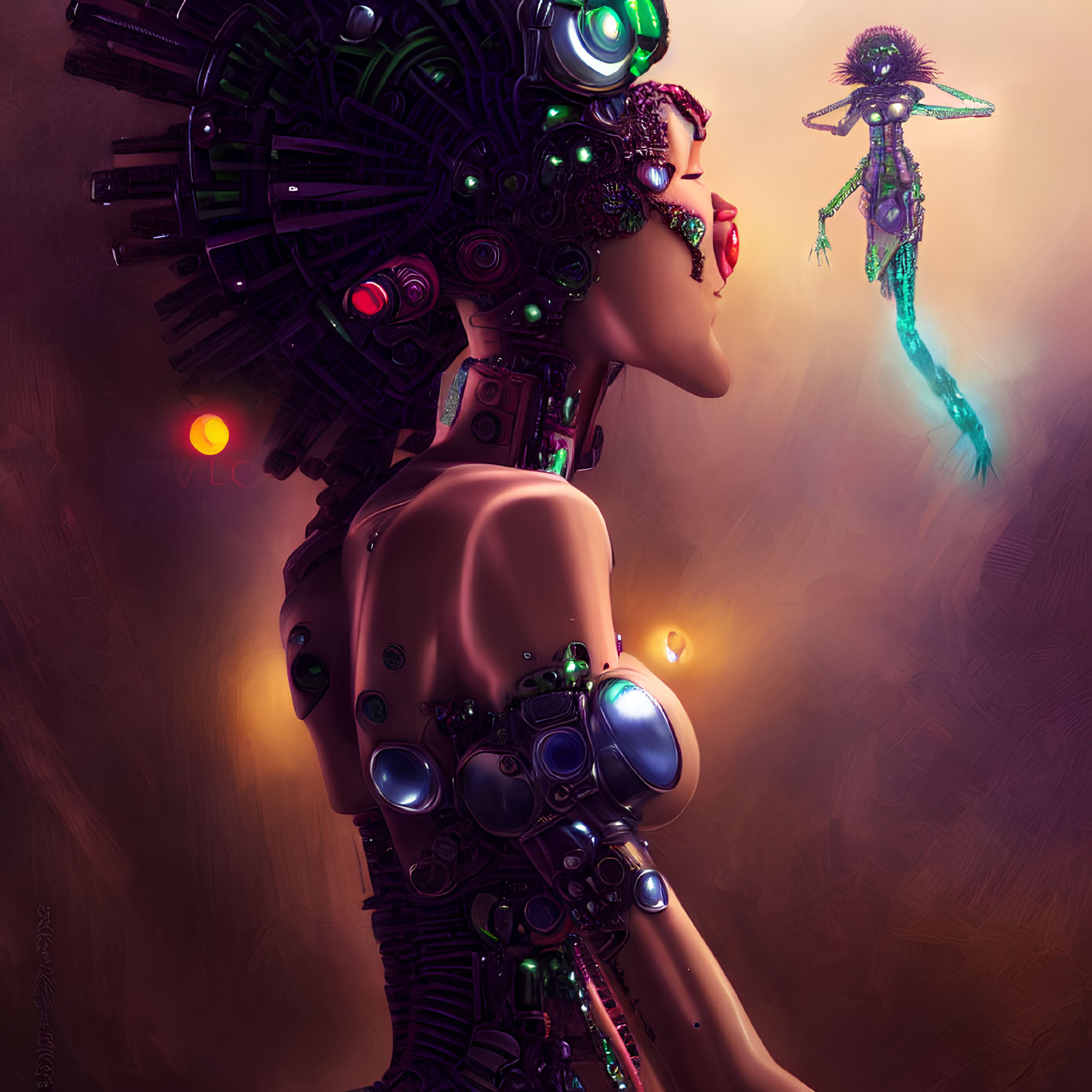 Detailed illustration of female humanoid robot with intricate mechanical parts and gear-filled headdress, facing smaller floating robotic