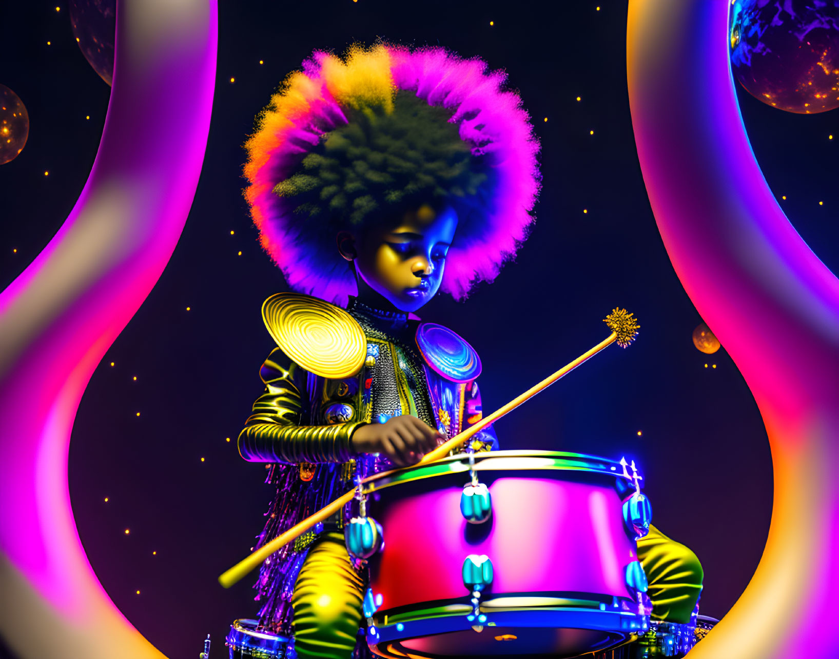 Colorful Afro Drummer Illustration with Neon Shapes and Starry Background