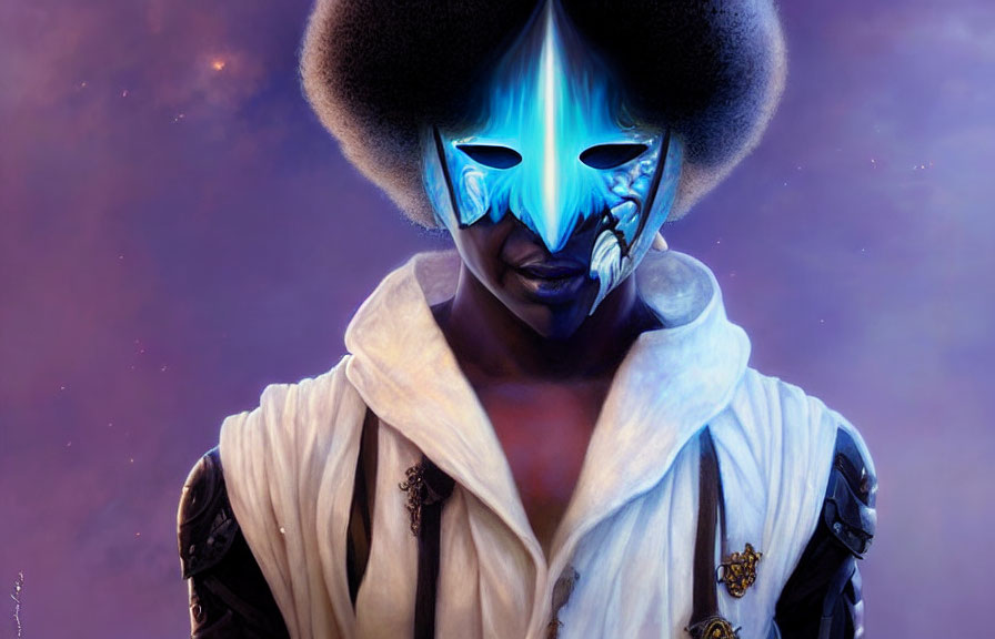 Person with Afro in White Outfit & Blue Mask