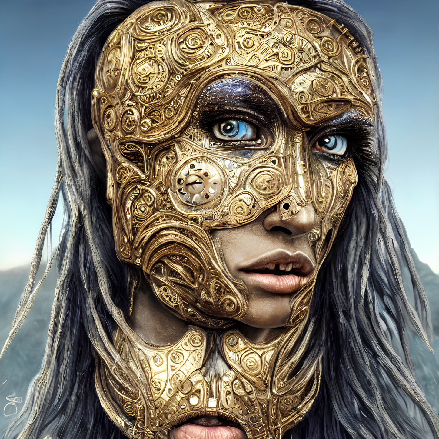 Detailed Portrait: Human Face with Golden Mechanical Mask