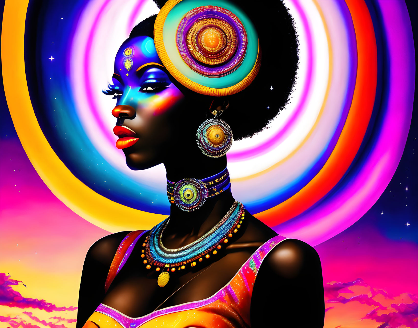 Colorful African-Inspired Woman in Psychedelic Cosmic Art