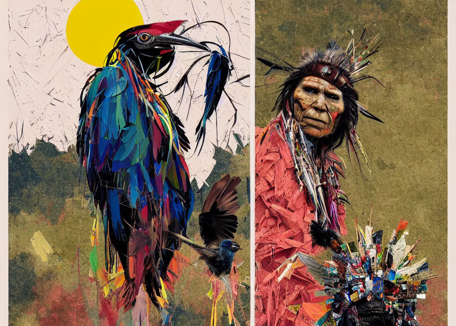 Colorful abstract bird and Native American figure in digital artwork with textured backgrounds and yellow circle motif