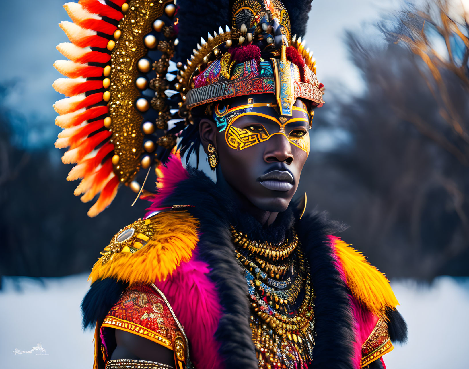 Traditional African attire with vibrant headdress and face paint.