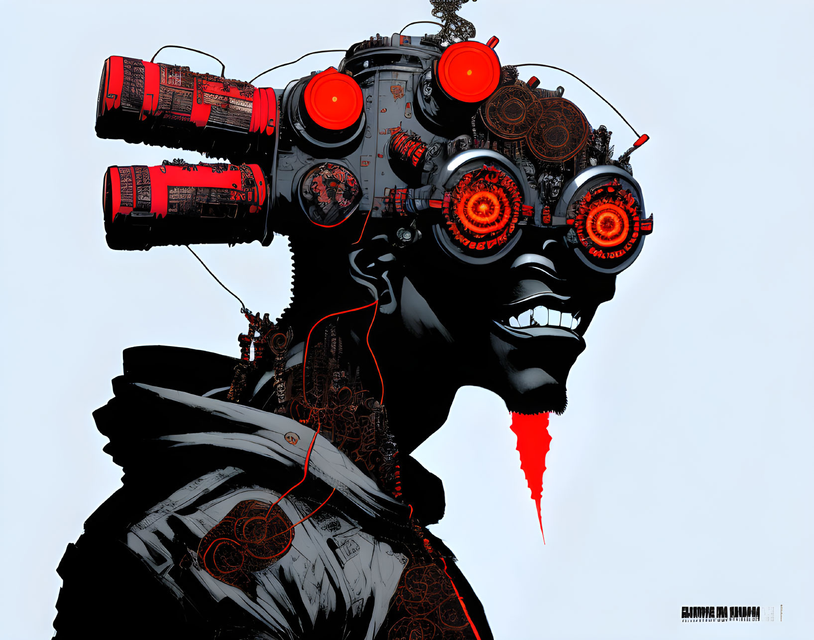 Detailed graphic illustration of person with mechanical contraption and red accents.