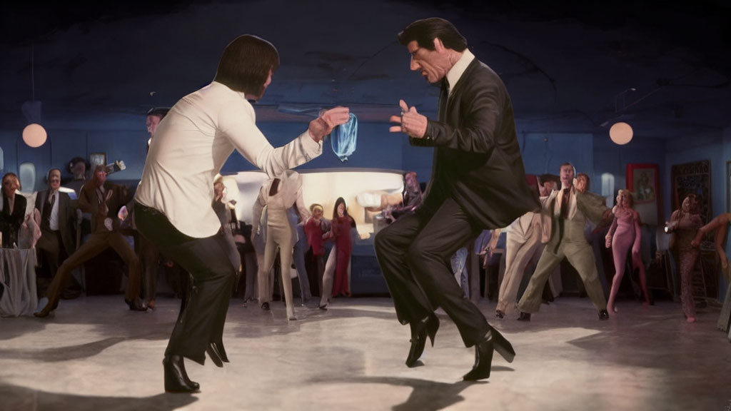 Men in suits perform comical dance-off in retro-style hall