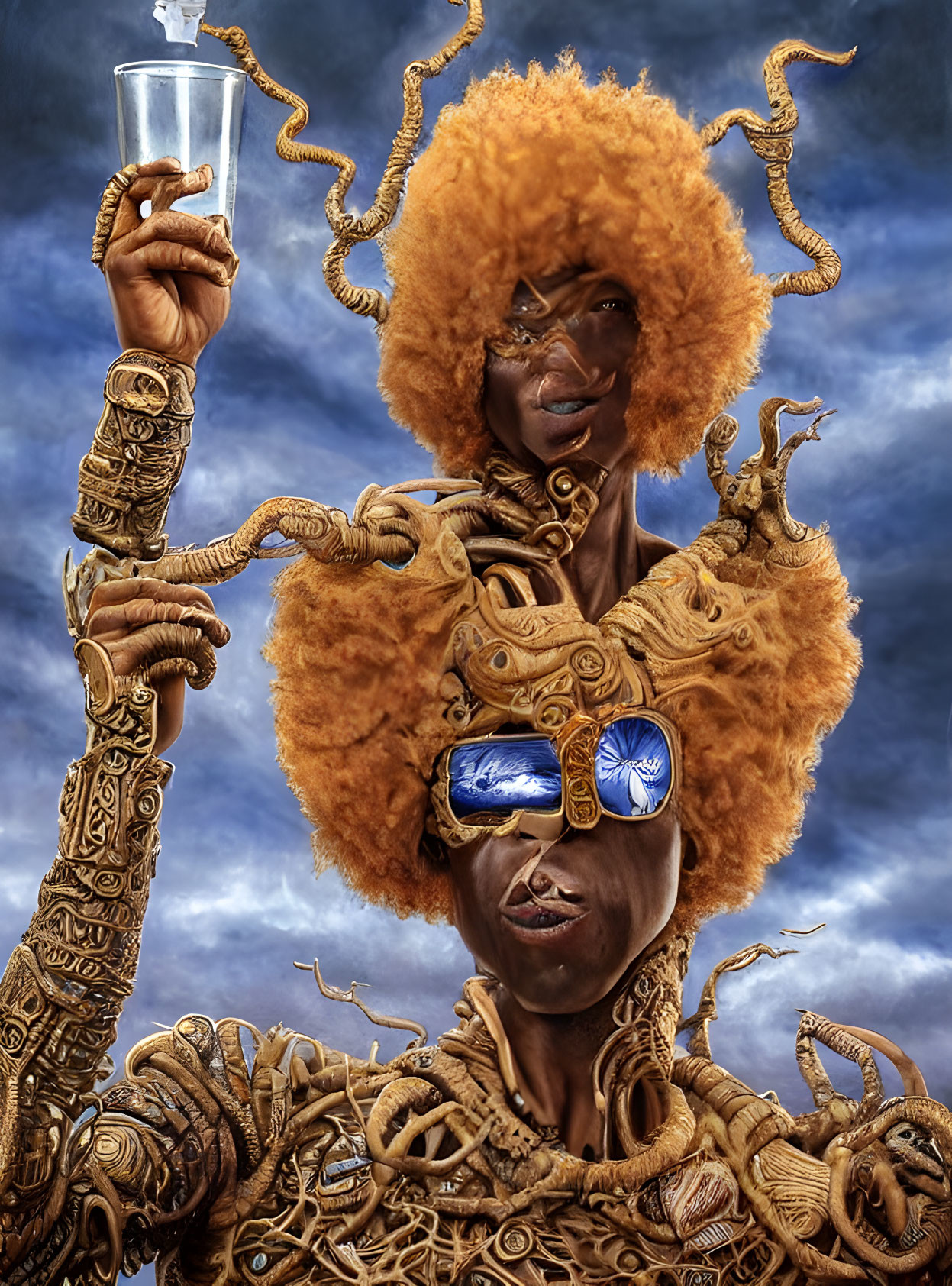 Person with Afro and Blue Mirrored Sunglasses Surrounded by Golden Snakes holding Clear Glass