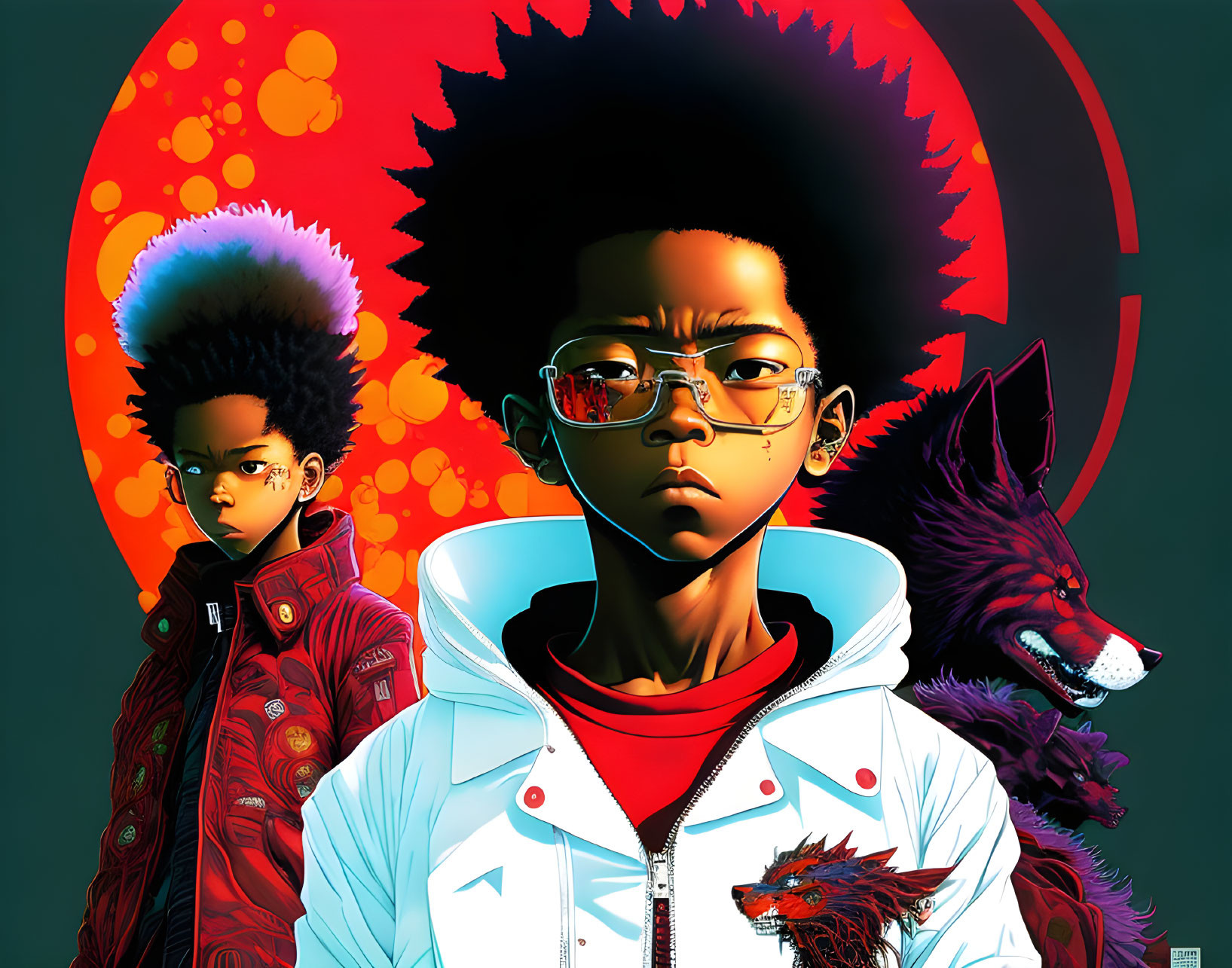 Stylized illustration of boy with afro, glasses, red hoodie, and red wolf