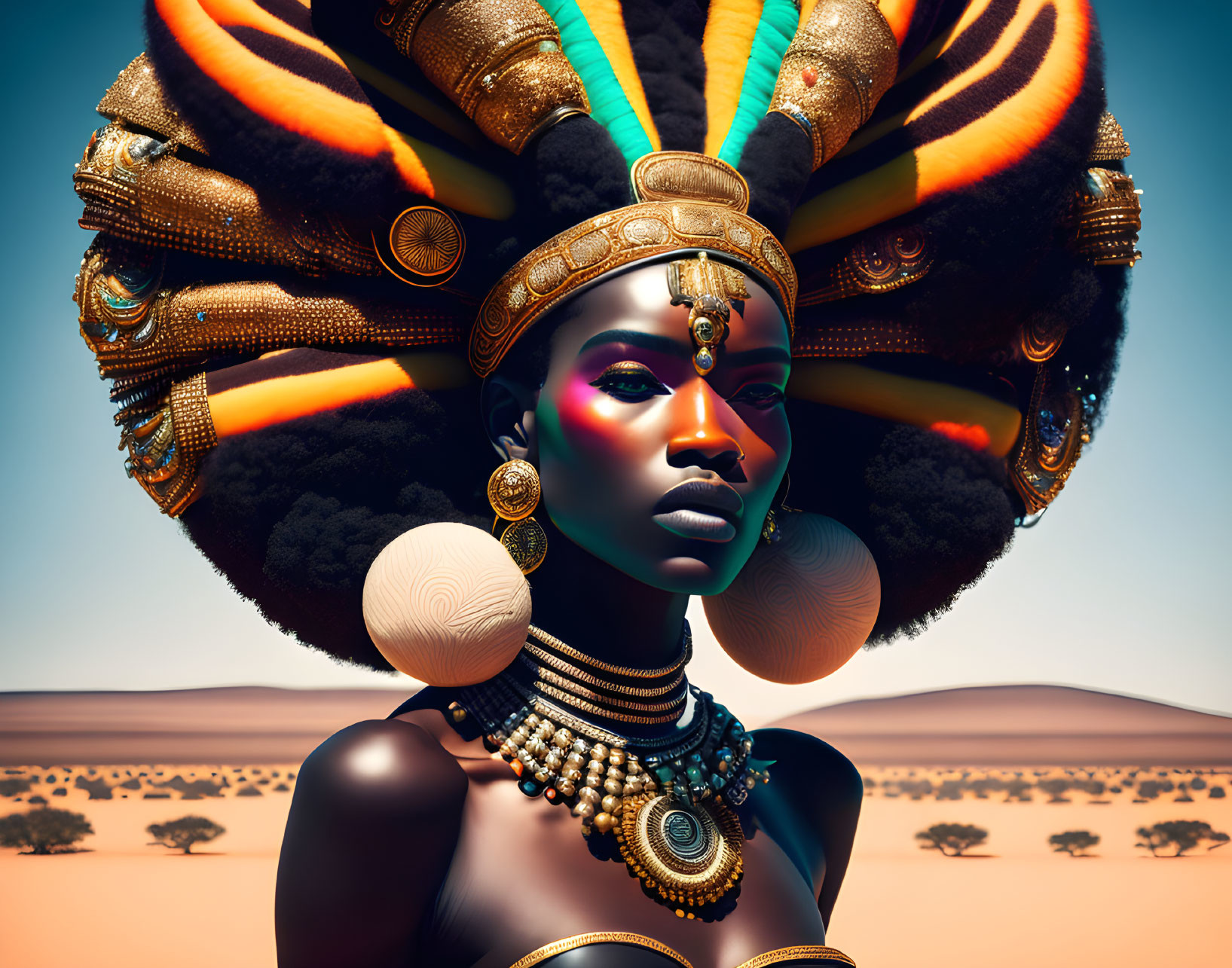 Colorful portrait of a woman with elaborate headdress and jewelry in desert setting