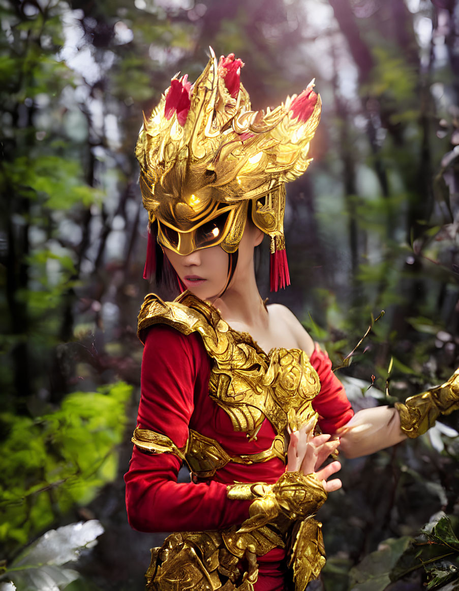 Elaborate golden armor figure with bird-like mask in forest setting