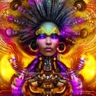 Colorful futuristic character with headdress and armor on fiery backdrop