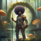 Stylized character with oversized afro in front of futuristic cityscape silhouette.