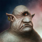 Fantasy creature illustration: green skin, red eyes, horn stubs, piercings, facial