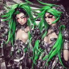 Stylized female cyberpunk characters with green hair and futuristic armor in metallic backdrop