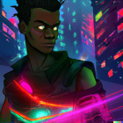 Colorful Cyberpunk Portrait with Neon Hues & Mechanical Eye