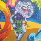 Colorful cosmic cat with mannequin-like woman's head in vibrant artwork